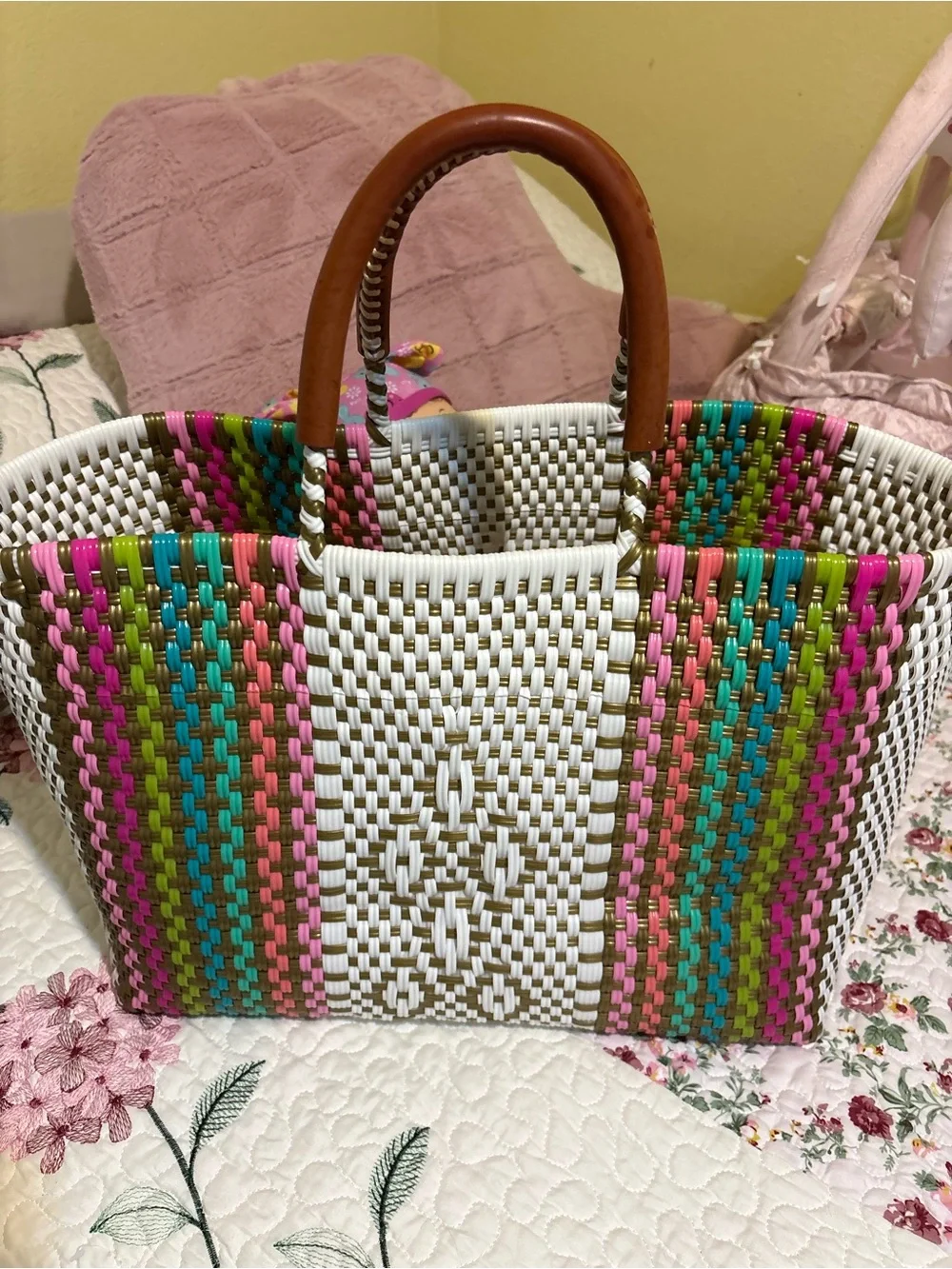 Woven Multicolor Tote Bag with Brown Handles